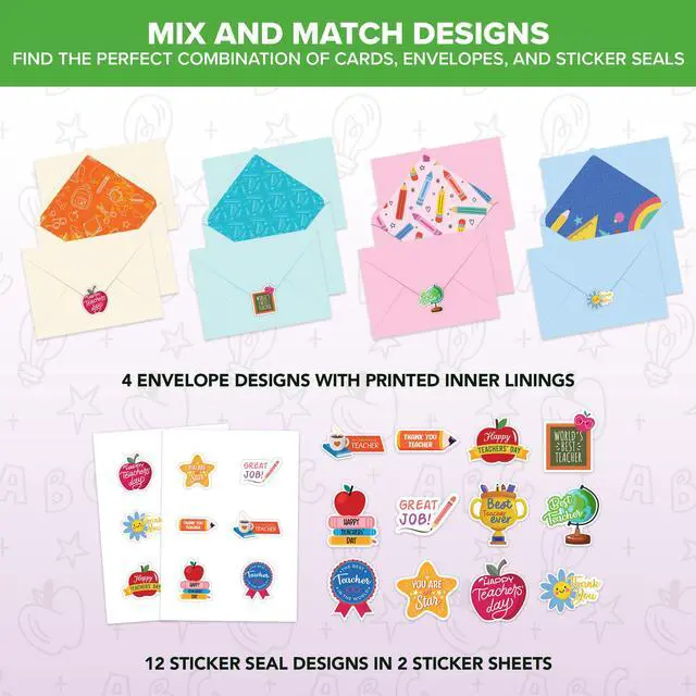 Alt view image 5 of 6 - 12 Pack 5x7in Adorable Teacher Appreciation Cards | Envelopes & Stickers, 12 Cute Thank You Designs for Teachers, Printed Message Inside - Teacher Appreciation, Gifting, Mailing