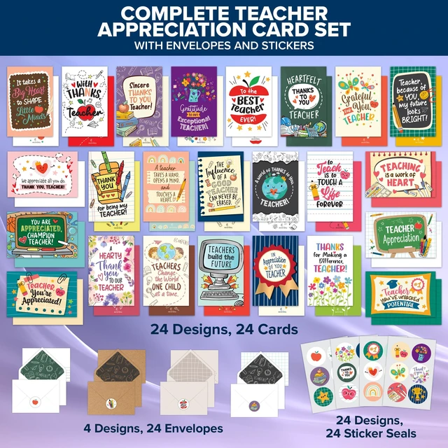 Alt view image 2 of 6 - 24 Pack 4x6in Teacher Appreciation Cards with Envelopes | Stickers, Assorted Designs Teacher Appreciation with Printed Message Inside - Teacher's Day, Gifting, Mailing
