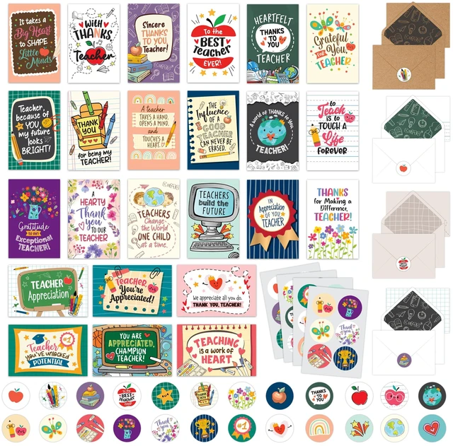 Main image of 24 Pack 4x6in Teacher Appreciation Cards with Envelopes | Stickers, Assorted Designs Teacher Appreciation with Printed Message Inside - Teacher's Day, Gifting, Mailing