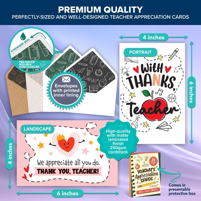 Alt view image 3 of 6 - 24 Pack 4x6in Teacher Appreciation Cards with Envelopes | Stickers, Assorted Designs Teacher Appreciation with Printed Message Inside - Teacher's Day, Gifting, Mailing