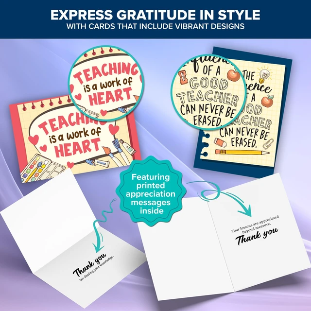 Alt view image 4 of 6 - 24 Pack 4x6in Teacher Appreciation Cards with Envelopes | Stickers, Assorted Designs Teacher Appreciation with Printed Message Inside - Teacher's Day, Gifting, Mailing