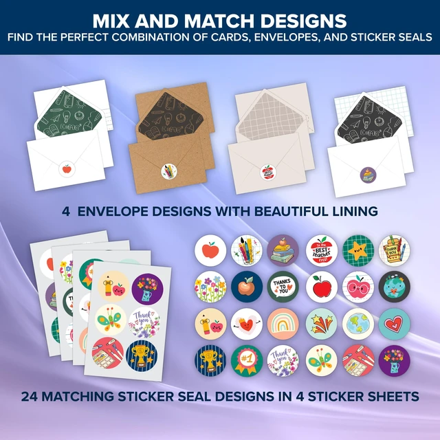 Alt view image 5 of 6 - 24 Pack 4x6in Teacher Appreciation Cards with Envelopes | Stickers, Assorted Designs Teacher Appreciation with Printed Message Inside - Teacher's Day, Gifting, Mailing