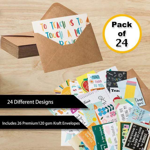 Alt view image 4 of 6 - 24 Pack Teacher Thank You Cards - Cute Teacher Appreciation Cards in 24 unique Designs- Greeting Card For Teachers Day Card -End of Year Teacher Cards, Thank You Notes To Teachers 4 x 6 inches