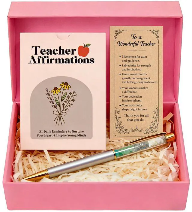 Main image of Teacher Gift Set for Women, 31 Affirmation Cards & Crystal Pen | Back to School gift for teachers, mentors and tutors with 31 daily affirmation cards, crystal pen and gift-ready box