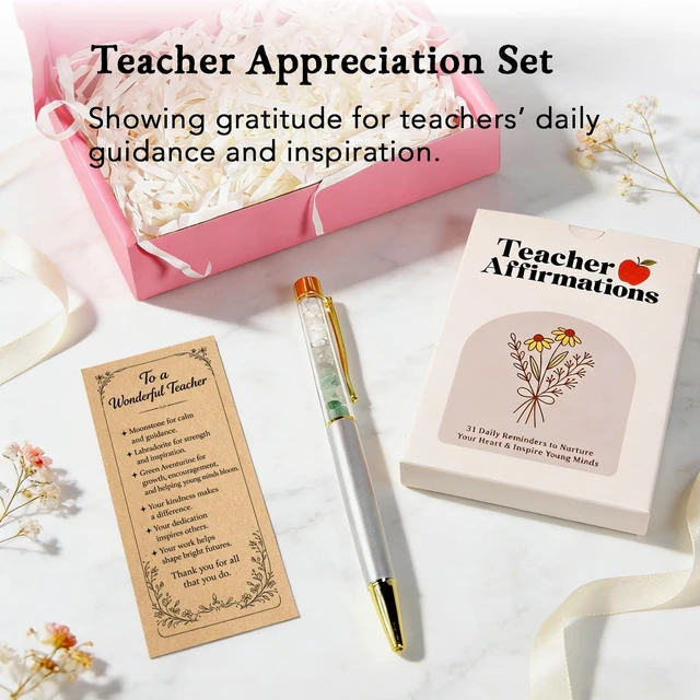 Alt view image 2 of 7 - Teacher Gift Set for Women, 31 Affirmation Cards & Crystal Pen | Back to School gift for teachers, mentors and tutors with 31 daily affirmation cards, crystal pen and gift-ready box