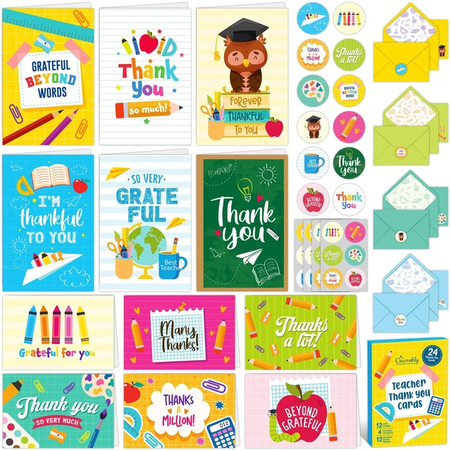 Main image of 24 Pack 6x4in Colorful Teacher Thank You Cards | Envelopes & Stickers, 12 Colorful Designs for Teachers, Blank Inside - Teacher Appreciation, Thank You, Gifting, Mailing