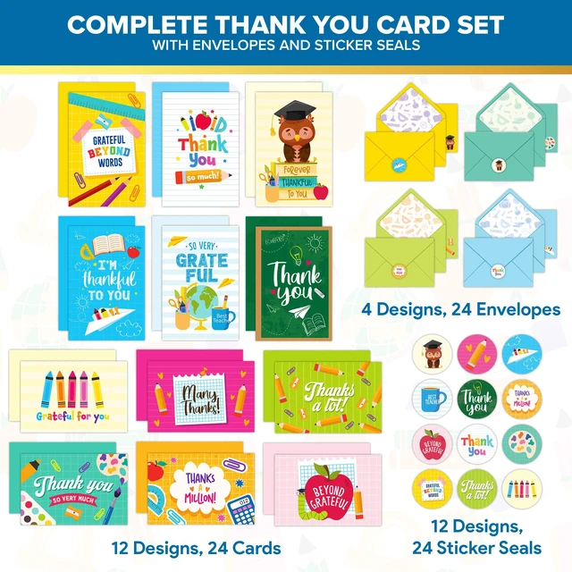 Alt view image 2 of 6 - 24 Pack 6x4in Colorful Teacher Thank You Cards | Envelopes & Stickers, 12 Colorful Designs for Teachers, Blank Inside - Teacher Appreciation, Thank You, Gifting, Mailing