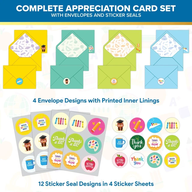 Alt view image 5 of 6 - 24 Pack 6x4in Colorful Teacher Thank You Cards | Envelopes & Stickers, 12 Colorful Designs for Teachers, Blank Inside - Teacher Appreciation, Thank You, Gifting, Mailing