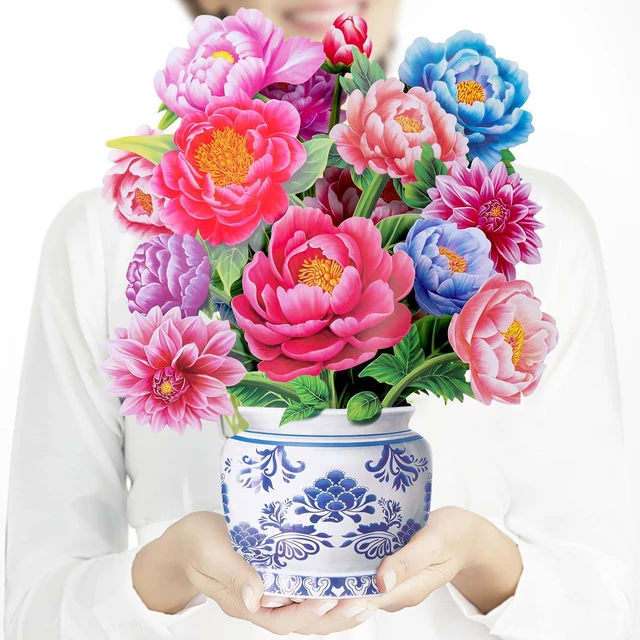 Main image of Pop Up Flower Bouquet Card for Women, 3D Floral Greeting Card with Envelope and Note, Birthday Thank You Thinking of You Get Well Gift for Mom Friend Wife Teacher, Peony