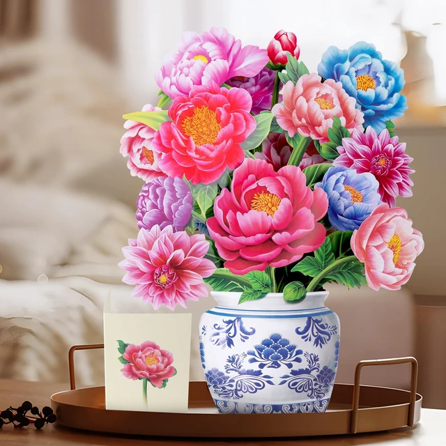 Alt view image 2 of 7 - Pop Up Flower Bouquet Card for Women, 3D Floral Greeting Card with Envelope and Note, Birthday Thank You Thinking of You Get Well Gift for Mom Friend Wife Teacher, Peony