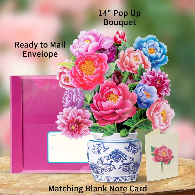 Alt view image 3 of 7 - Pop Up Flower Bouquet Card for Women, 3D Floral Greeting Card with Envelope and Note, Birthday Thank You Thinking of You Get Well Gift for Mom Friend Wife Teacher, Peony