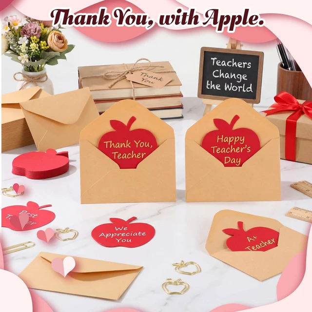 Alt view image 4 of 6 - 50 Sets Back to School Card Gift with Mini Envelope | Blank Apple Shaped Greeting Cards 4.13 x 2.76 Inch Cute Thank You Gifts Bulk for First Day of School Welcome Teacher Rewards