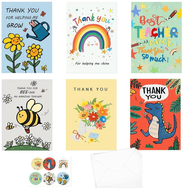 Main image of 6 Pcs Teacher Thank You Cards Multipack, 6 Styles Cute Appreciation Cards Graduation Gift, Including 6 Stickers and 6 Envelops for Teachers' Day, Teacher of the Year Gifts