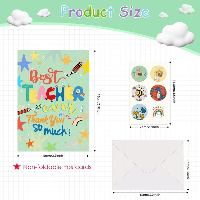 Alt view image 2 of 7 - 6 Pcs Teacher Thank You Cards Multipack, 6 Styles Cute Appreciation Cards Graduation Gift, Including 6 Stickers and 6 Envelops for Teachers' Day, Teacher of the Year Gifts