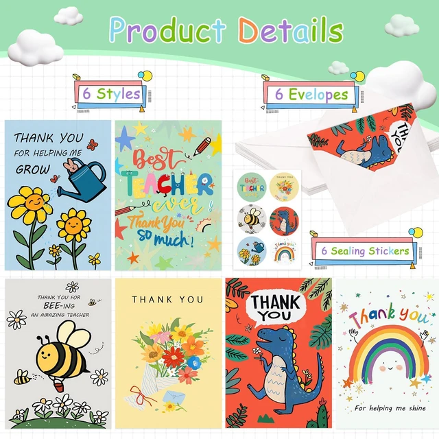 Alt view image 3 of 7 - 6 Pcs Teacher Thank You Cards Multipack, 6 Styles Cute Appreciation Cards Graduation Gift, Including 6 Stickers and 6 Envelops for Teachers' Day, Teacher of the Year Gifts