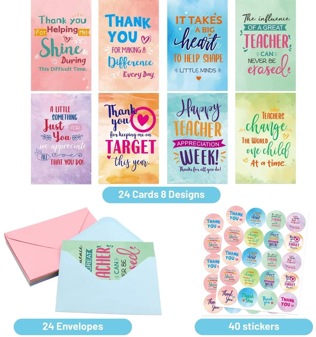 Alt view image 2 of 7 - Teacher Thank You Cards 24Pcs Teacher Appreciation Week Greeting Cards Bulk with Envelopes and stickers for End of Year Graduation Gifts for Men Women