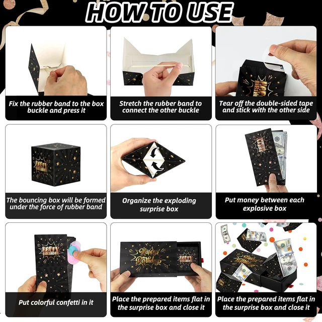 Alt view image 3 of 7 - Happy Birthday Surprise Gift Box Explosion for Money - DIY Pop Out Folding Bounce Explosion Gift Box with Confetti - Birthday Money Bank - Cash Gift Idea for Women Men Kids (Black Gold)