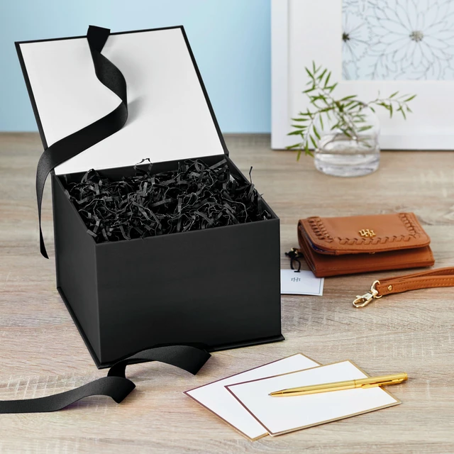 Alt view image 2 of 7 - Medium Gift Box with Lid and Shredded Paper Fill (Black 7 inch Box) for Weddings, Graduations, Birthdays, Father's Day, Groomsmen Gifts, All Occasion