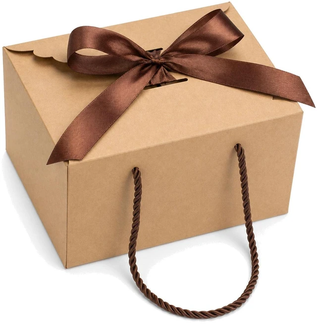 Main image of Brown Kraft Gift Box with Handle & Ribbon, 6 Pack 8 x 6 x 5 in | Rustic Gift Packaging For Housewarming, Thanksgiving, Christmas, Candles, Mugs And Handmade Gifts
