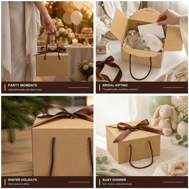 Alt view image 3 of 7 - Brown Kraft Gift Box with Handle & Ribbon, 6 Pack 8 x 6 x 5 in | Rustic Gift Packaging For Housewarming, Thanksgiving, Christmas, Candles, Mugs And Handmade Gifts
