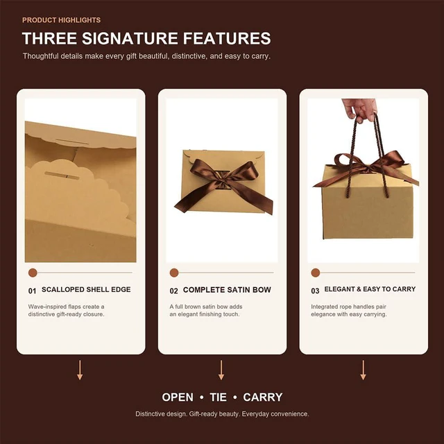 Alt view image 5 of 7 - Brown Kraft Gift Box with Handle & Ribbon, 6 Pack 8 x 6 x 5 in | Rustic Gift Packaging For Housewarming, Thanksgiving, Christmas, Candles, Mugs And Handmade Gifts