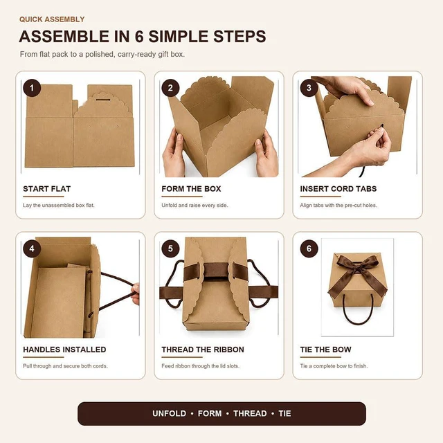 Alt view image 6 of 7 - Brown Kraft Gift Box with Handle & Ribbon, 6 Pack 8 x 6 x 5 in | Rustic Gift Packaging For Housewarming, Thanksgiving, Christmas, Candles, Mugs And Handmade Gifts