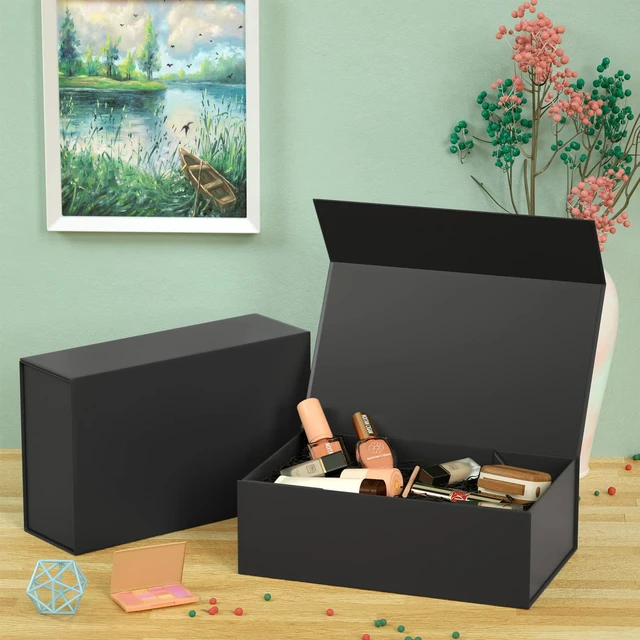 Alt view image 6 of 7 - Black Gift Box, 12x6x4'' Gift Boxes with Lids for Presents | Magnetic Closure, Collapsible Groomsmen Proposal Box for Birthday, Christmas, Graduation, Gift Packging Contains Ribbon, Card