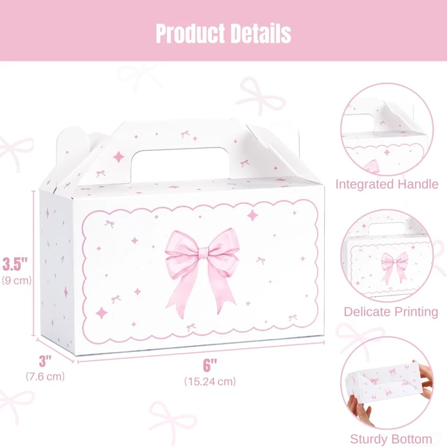 Alt view image 2 of 7 - 12 Count Pink Bow Treat Boxes Party Favors - 6x3.5x2.9 Inch Goodie Gift Boxes, Cute Bow Themed Candy Dessert Boxes for Birthday, Bridal & Baby Shower, Bachelorette