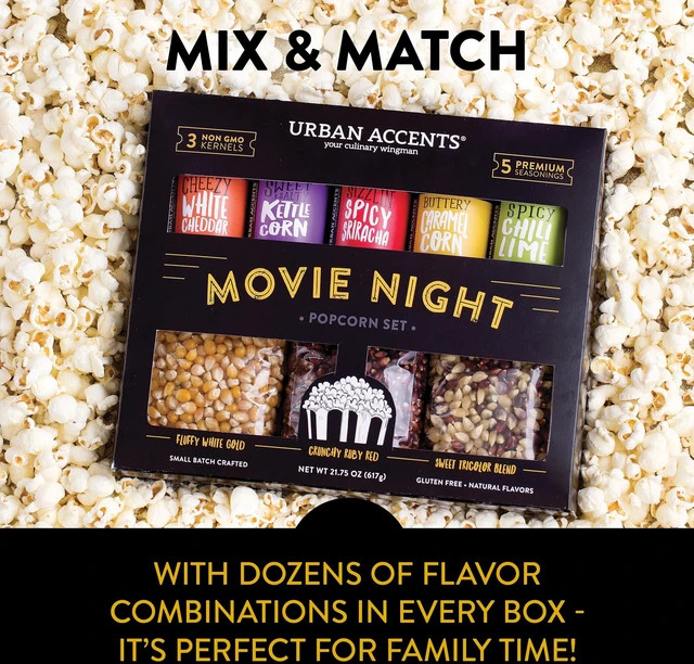 Alt view image 6 of 7 - Movie Night Popcorn Gift Set Includes 3 Gourmet Popcorn Kernel Varieties & 5 Flavorful Seasonings Perfect Snack Gift Box for Parties, Holidays, or Movie Lovers