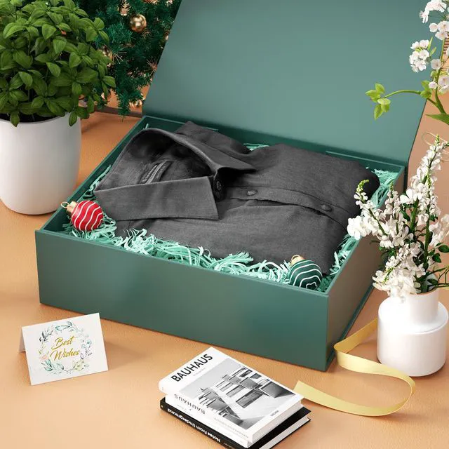Alt view image 5 of 7 - Gift Box 11.5x7.8x3 In, Green Gift Boxes with Lids for Presents | Collapsible Magnetic Gift Box for Shirts, Clothes, Clothing, Bridesmaid, Christmas, Birthday, Wedding, Contains Ribbon, Card