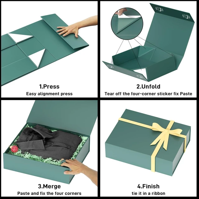 Alt view image 4 of 7 - Gift Box 11.5x7.8x3 In, Green Gift Boxes with Lids for Presents | Collapsible Magnetic Gift Box for Shirts, Clothes, Clothing, Bridesmaid, Christmas, Birthday, Wedding, Contains Ribbon, Card