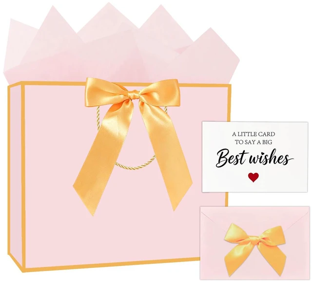 Main image of 1Pcs Pink Gift Bag with Tissue Paper and Bow Envelope, 13"x10"x4.5" Large Gift Bag for Birthday Wedding Holiday Graduation (Gold Bow)