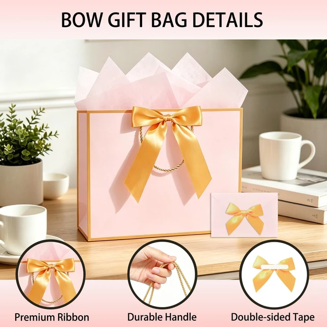 Alt view image 3 of 7 - 1Pcs Pink Gift Bag with Tissue Paper and Bow Envelope, 13"x10"x4.5" Large Gift Bag for Birthday Wedding Holiday Graduation (Gold Bow)