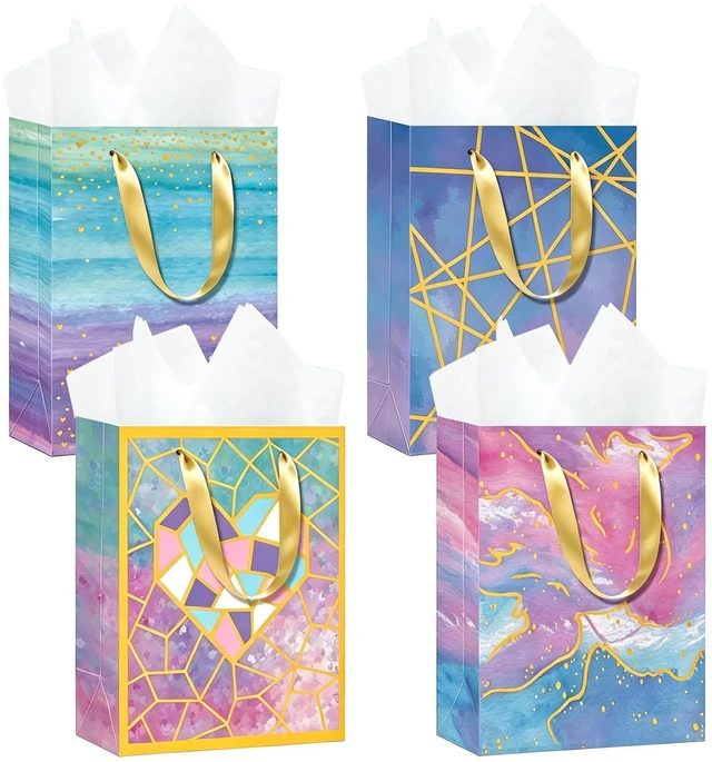 Main image of Marble Paper Gift Bags Small Size 4 Pack 7 x 4 x 9 inch with Tissue Paper Four Different Marble Patterns for Wedding, Baby Showers, Party Favor, Thank You and Gift Giving