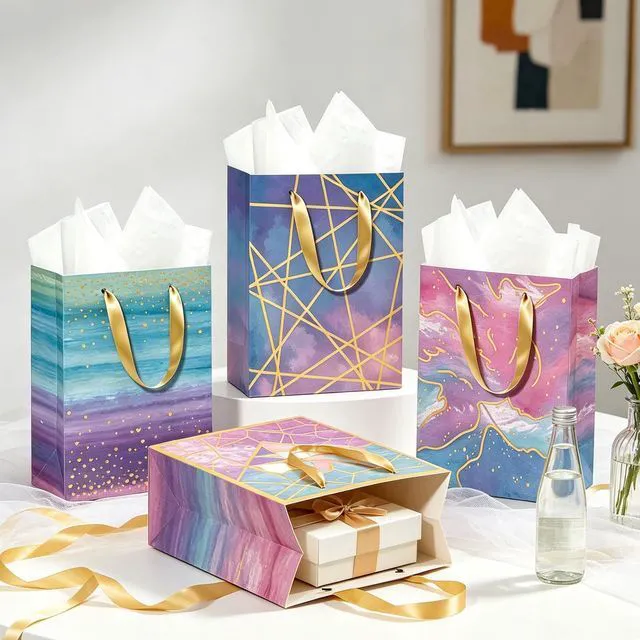 Alt view image 3 of 4 - Marble Paper Gift Bags Small Size 4 Pack 7 x 4 x 9 inch with Tissue Paper Four Different Marble Patterns for Wedding, Baby Showers, Party Favor, Thank You and Gift Giving