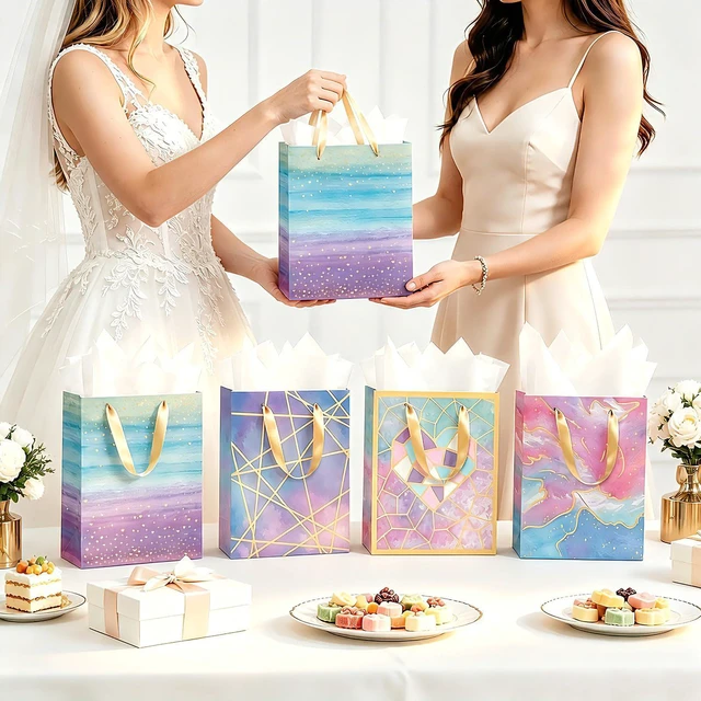Alt view image 4 of 4 - Marble Paper Gift Bags Small Size 4 Pack 7 x 4 x 9 inch with Tissue Paper Four Different Marble Patterns for Wedding, Baby Showers, Party Favor, Thank You and Gift Giving