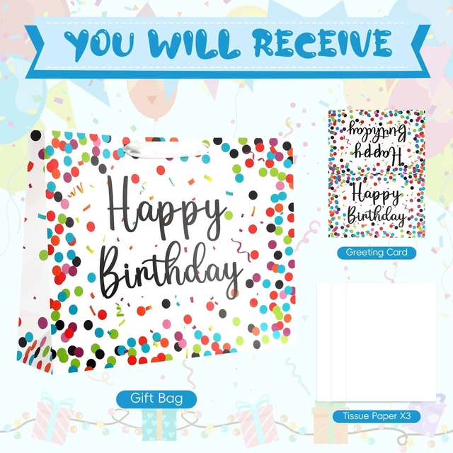 Alt view image 2 of 7 - Colorful Dots Birthday Gift Paper Present Bag with Handles | 13 Inch Medium Bag; Comes with 3 Tissue Paper and Matching Card; Ideal for Kids Adults Birthday Party Favors