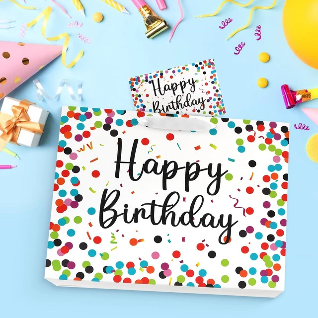Alt view image 3 of 7 - Colorful Dots Birthday Gift Paper Present Bag with Handles | 13 Inch Medium Bag; Comes with 3 Tissue Paper and Matching Card; Ideal for Kids Adults Birthday Party Favors