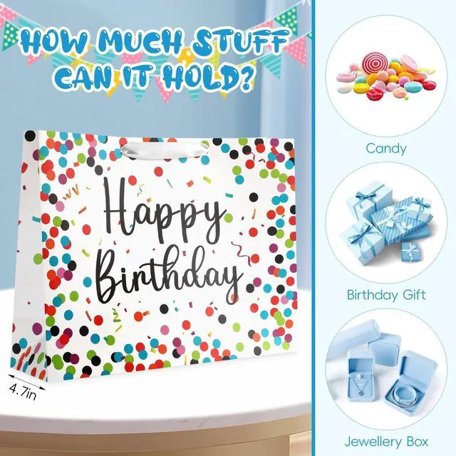 Alt view image 5 of 7 - Colorful Dots Birthday Gift Paper Present Bag with Handles | 13 Inch Medium Bag; Comes with 3 Tissue Paper and Matching Card; Ideal for Kids Adults Birthday Party Favors