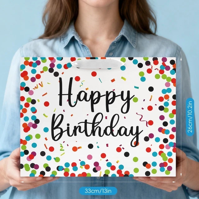Alt view image 4 of 7 - Colorful Dots Birthday Gift Paper Present Bag with Handles | 13 Inch Medium Bag; Comes with 3 Tissue Paper and Matching Card; Ideal for Kids Adults Birthday Party Favors