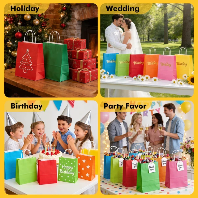 Alt view image 6 of 7 - 16 Pack Kraft Paper Gift Bags with Handles, 8x4.5x10.8 in, 8 Color | kraft gift bags for birthday, baby shower, wedding, crafts, party, eco-friendly