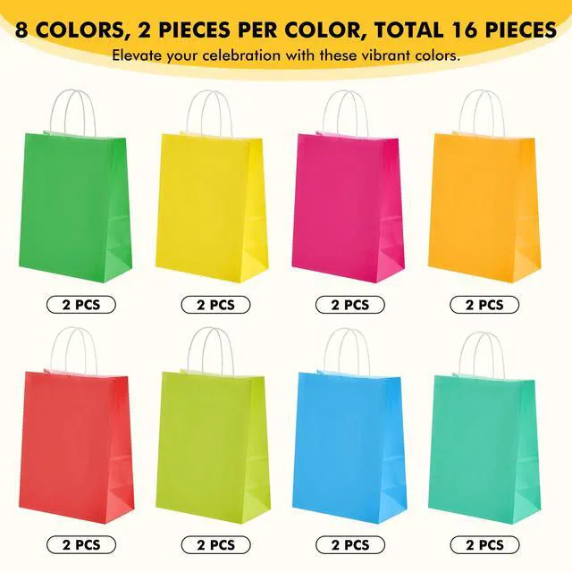Alt view image 7 of 7 - 16 Pack Kraft Paper Gift Bags with Handles, 8x4.5x10.8 in, 8 Color | kraft gift bags for birthday, baby shower, wedding, crafts, party, eco-friendly