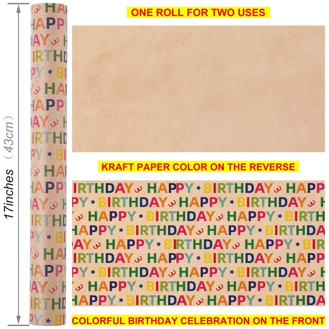 Alt view image 2 of 7 - Birthday Wrapping Paper Roll, Colorful Happy Birthday Gift Wrap on Kraft Paper, 17 In x 33 Ft Mini Roll for Kids, Boys, Girls and Teens, Birthday Party Wrapping Paper
