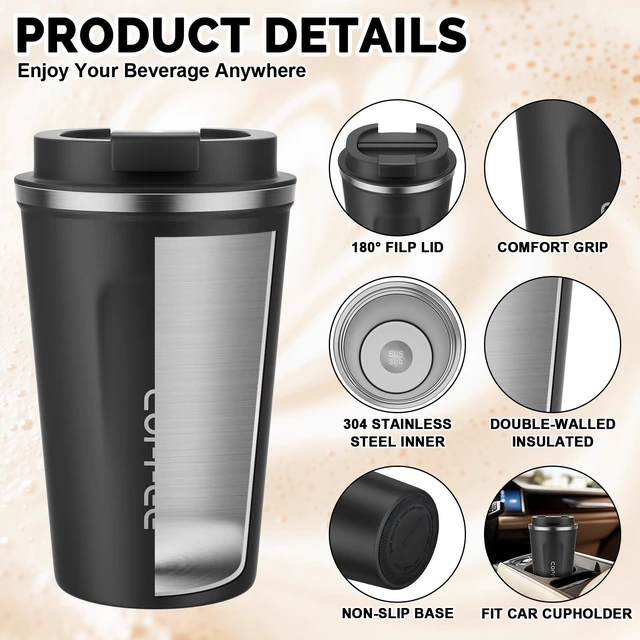 Alt view image 5 of 7 - 12 oz Coffee mug - Stainless Steel Coffee Cup with Leakproof Lid | Stainless Steel Double-wall insulation, 6-Hour Heat Retention, 360°Leak proof, BPA-free, Reusable And To Go Coffee Mug