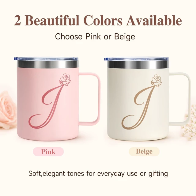 Alt view image 4 of 7 - 12oz Insulated Coffee Mug with Handle and Lid, Stainless Steel Spill Proof Travel Mugs, Personalized Monogrammed A-Z Floral Double Wall Tumbler for Home Office, Gifts for Women Mom Wife Her (J)
