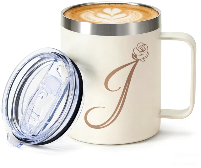 Main image of 12oz Insulated Coffee Mug with Handle and Lid, Stainless Steel Spill Proof Travel Mugs, Personalized Monogrammed A-Z Floral Double Wall Tumbler for Home Office, Gifts for Women Mom Wife Her (J)