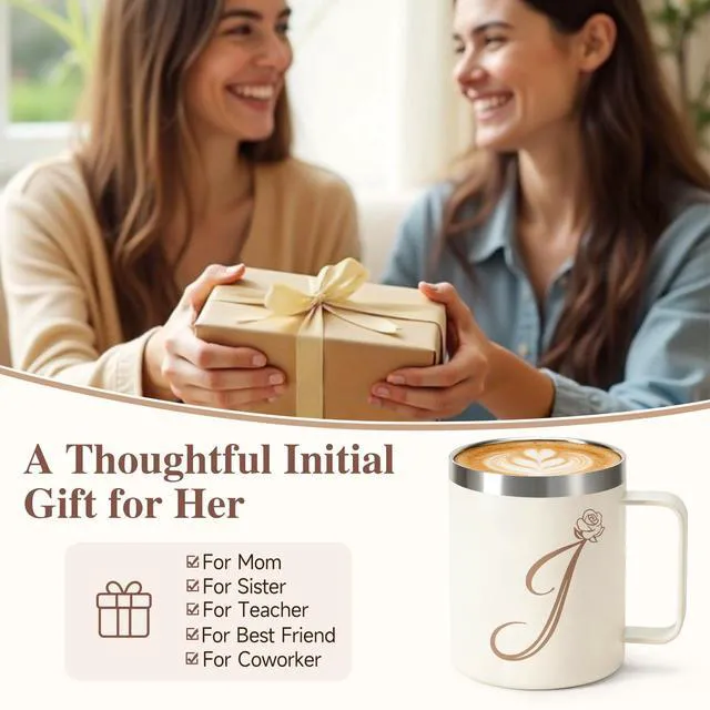 Alt view image 2 of 7 - 12oz Insulated Coffee Mug with Handle and Lid, Stainless Steel Spill Proof Travel Mugs, Personalized Monogrammed A-Z Floral Double Wall Tumbler for Home Office, Gifts for Women Mom Wife Her (J)