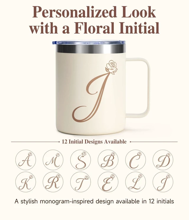 Alt view image 3 of 7 - 12oz Insulated Coffee Mug with Handle and Lid, Stainless Steel Spill Proof Travel Mugs, Personalized Monogrammed A-Z Floral Double Wall Tumbler for Home Office, Gifts for Women Mom Wife Her (J)