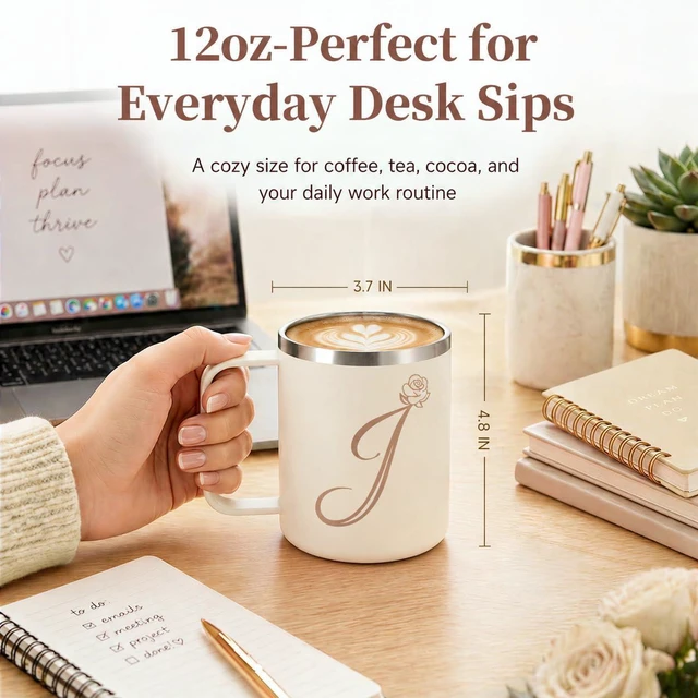 Alt view image 5 of 7 - 12oz Insulated Coffee Mug with Handle and Lid, Stainless Steel Spill Proof Travel Mugs, Personalized Monogrammed A-Z Floral Double Wall Tumbler for Home Office, Gifts for Women Mom Wife Her (J)