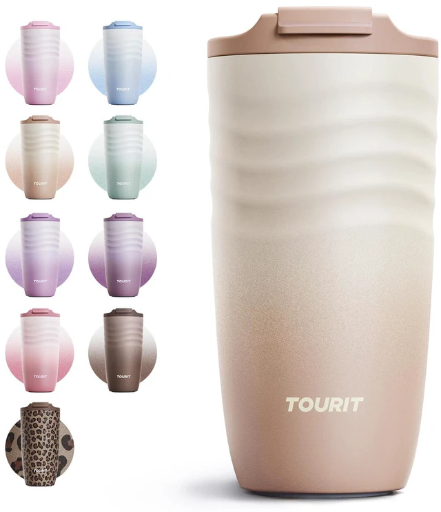 Main image of 16 oz Insulated Travel Coffee Mug Stainless Steel Tumbler, Khaki | Vacuum insulated travel mug with ripple-wave anti-slip grip, leakproof lid & silicone bottom, fits standard car cup holders